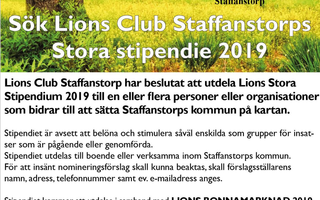 Nominera till Lions Club Staffanstorp Stora Stipendium 2019